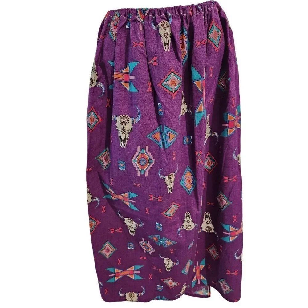 Vintage 90s Cotton Aztec Bull Skull Print Purple Skirt S Maxi Long Southwestern